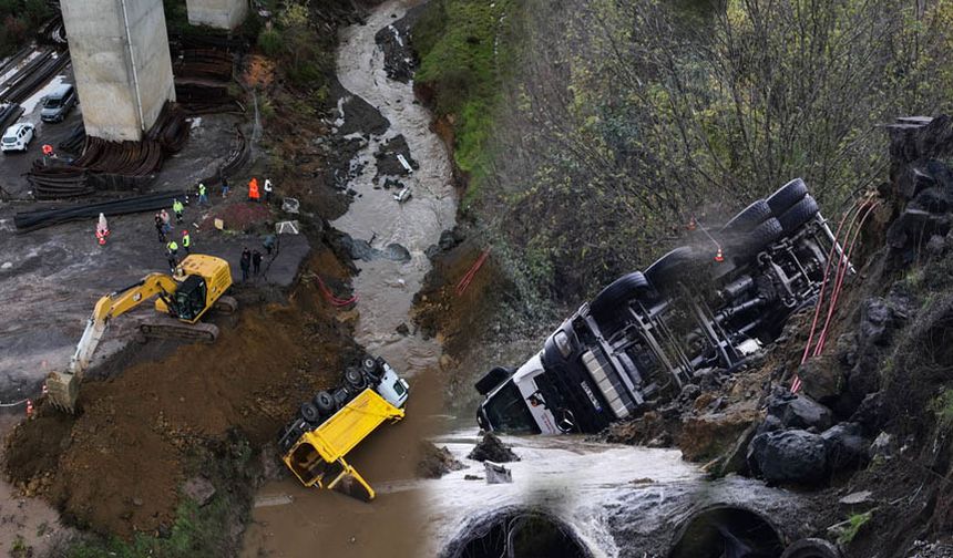 Sarıyer'de yol çöktü araçlar dereye düştü