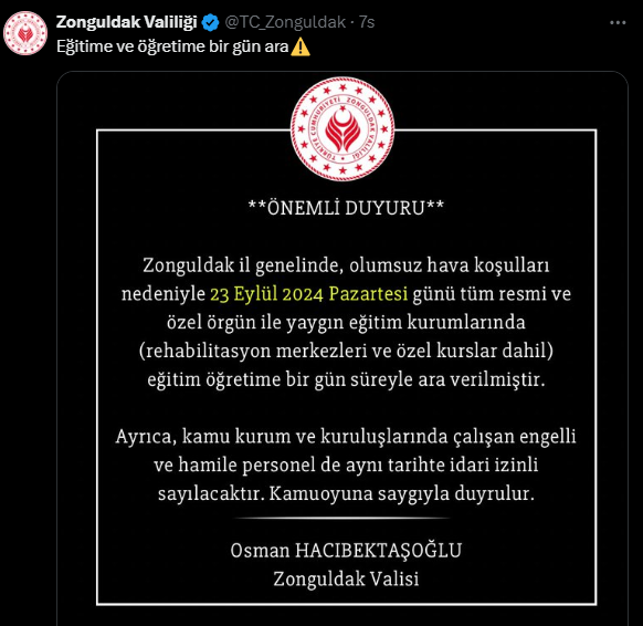 Zonguldak'ta eğitime ara verildi