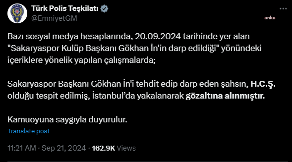 Sakaryaspor Başkanı Gökhan İn'i tehdit eden şahış gözaltında!