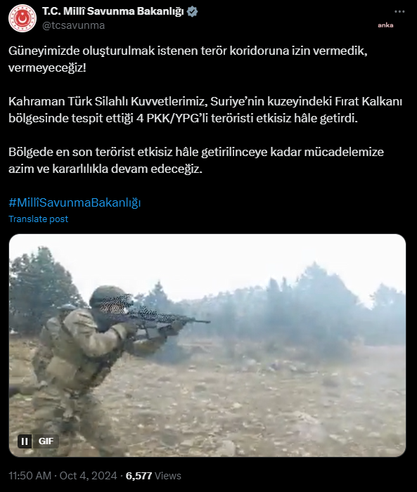 MSB duyurdu! 4 PKK/YPG'li terörist etkisiz hale getirildi