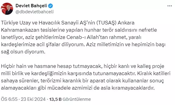 Devlet Bahçeli'den TUSAŞ saldırısı sonrası dikkat çeken açıklama