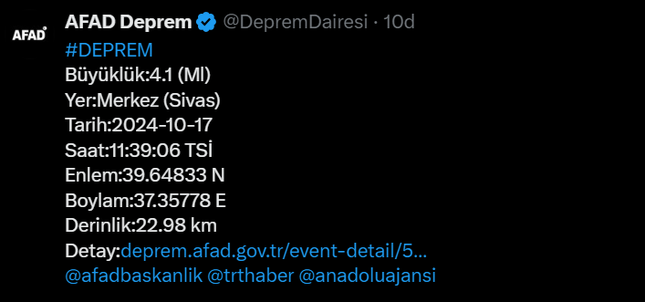 Sivas'ta 4,7 büyüklüğünde deprem