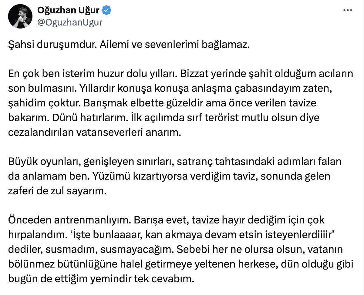 Oğuzhan Uğur, Devlet Bahçeli'nin barışma teklifine ateş püskürdü