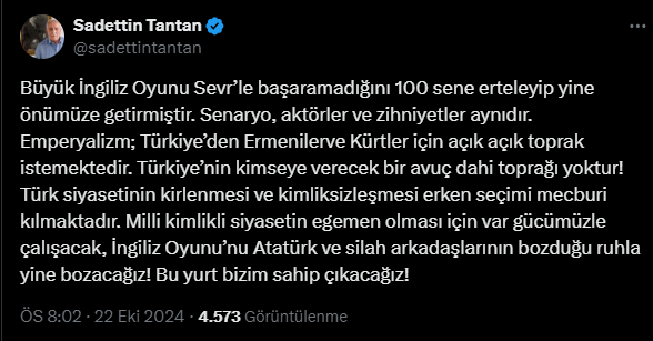 Saadettin Tantan: Büyük İngiliz oyunu'nu yeniden bozmalıyız