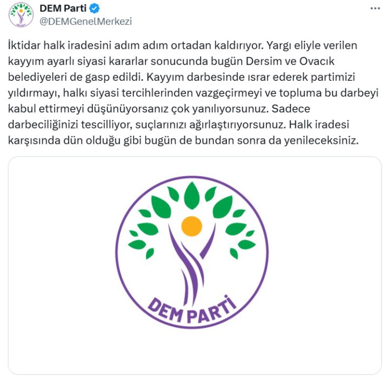 Tunceli ve Ovacık Belediyelerine kayyum atanmasına Özgür Özel'den sert tepki