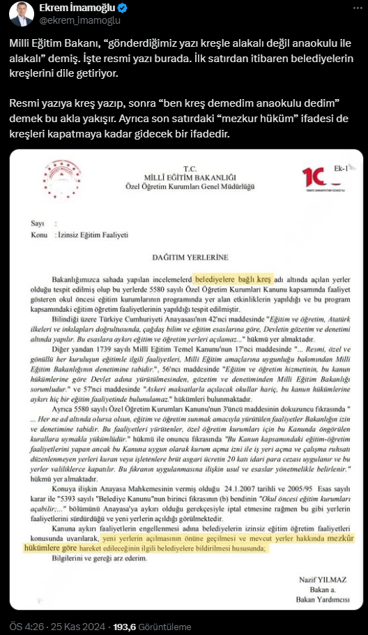 İmamoğlu'ndan Bakan Tekin'e 'belgeli' kreş yanıtı: 'Ben kreş demedim anaokulu dedim' demek bu akla yakışır!