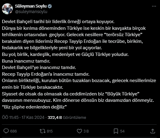 Süleyman Soylu'dan Erdoğan ve Bahçeli paylaşımı