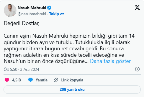 Nasuh Mahruki'nin tutukluluğuna itiraz reddi: Eşi Mine Mahruki duyurdu